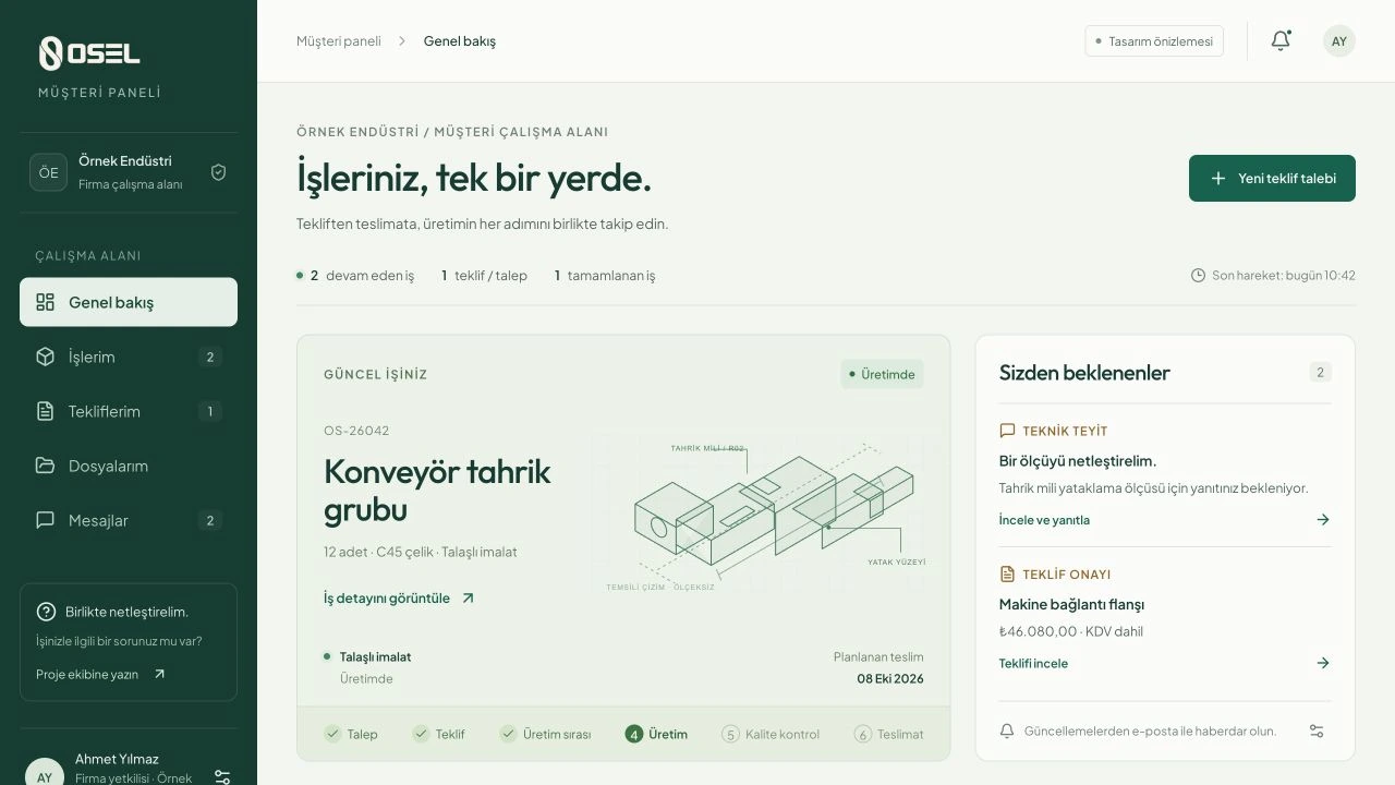 OSEL müşteri panelinde iş özeti ve üretim aşamalarının örnek görünümü